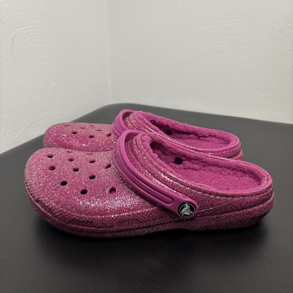 Crocs Classic Glitter Lined Clogs Girls Sz 6 Fushia Pink